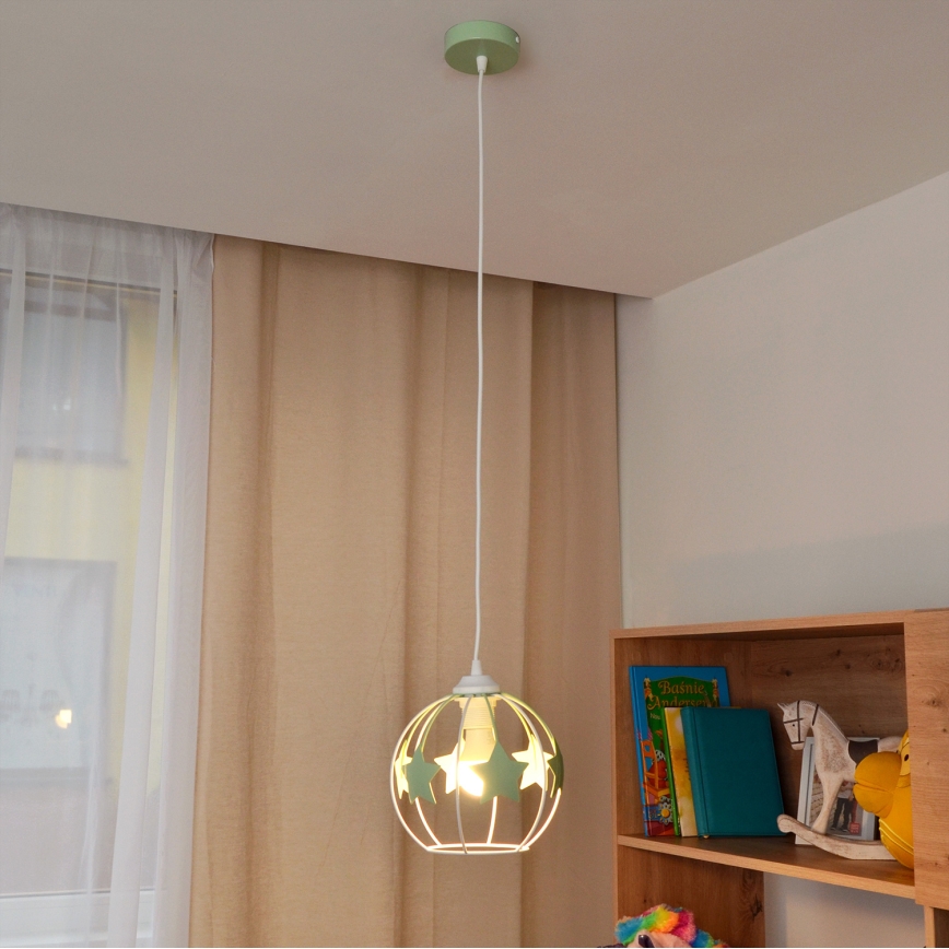Kinder hanglamp aan een koord STARS 1xE27/15W/230V groen/wit