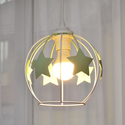 Kinder hanglamp aan een koord STARS 1xE27/15W/230V groen/wit