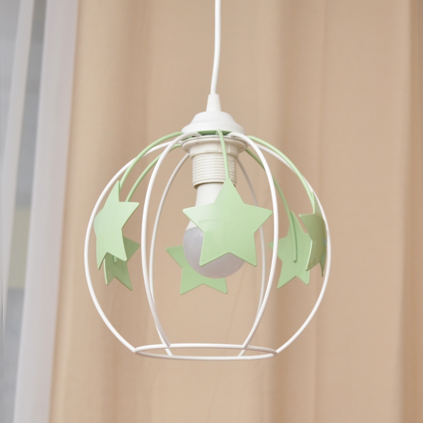 Kinder hanglamp aan een koord STARS 1xE27/15W/230V groen/wit