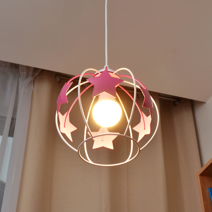 Kinder hanglamp aan een koord STARS 1xE27/15W/230V roze/wit
