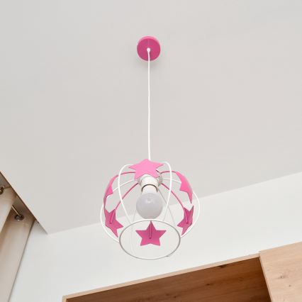 Kinder hanglamp aan een koord STARS 1xE27/15W/230V roze/wit
