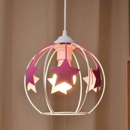 Kinder hanglamp aan een koord STARS 1xE27/15W/230V roze/wit