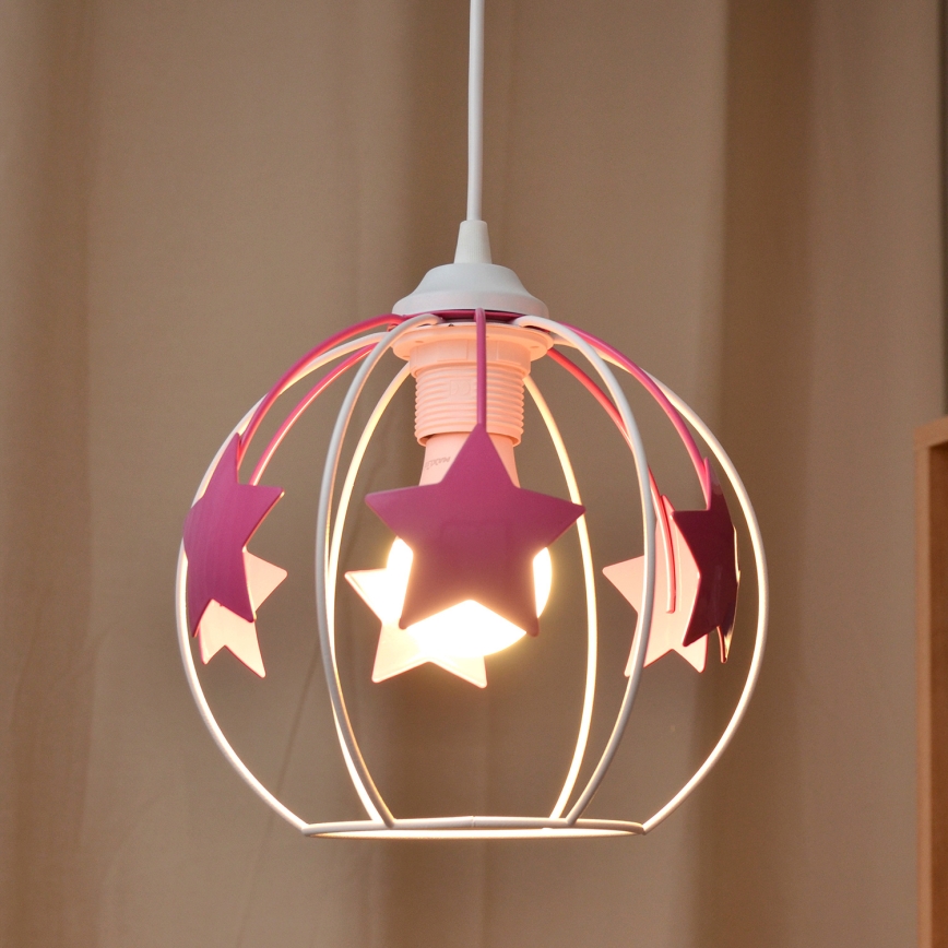 Kinder hanglamp aan een koord STARS 1xE27/15W/230V roze/wit