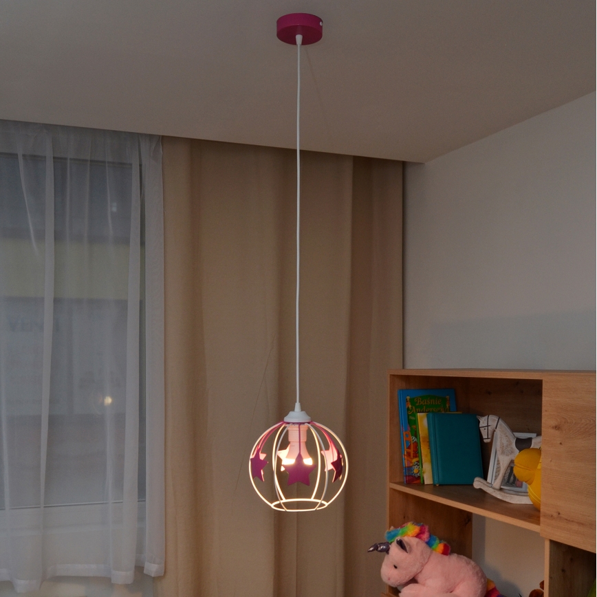 Kinder hanglamp aan een koord STARS 1xE27/15W/230V roze/wit