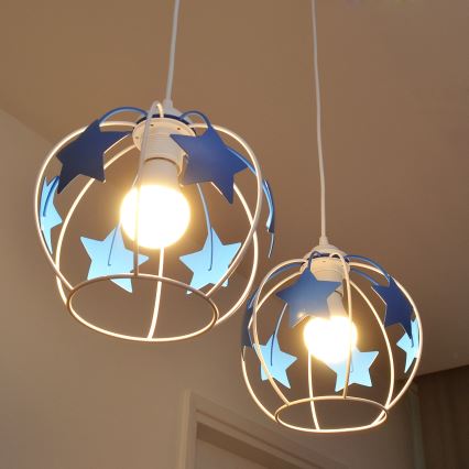 Kinder hanglamp aan een koord STARS 2xE27/15W/230V blauw/wit