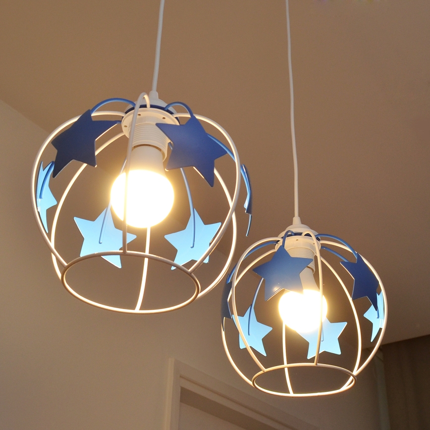 Kinder hanglamp aan een koord STARS 2xE27/15W/230V blauw/wit