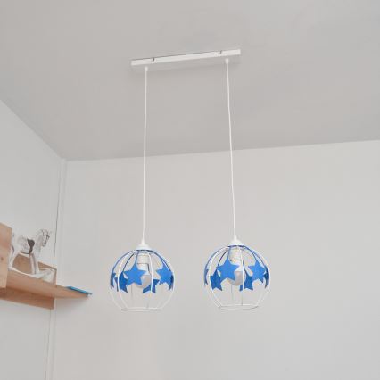 Kinder hanglamp aan een koord STARS 2xE27/15W/230V blauw/wit