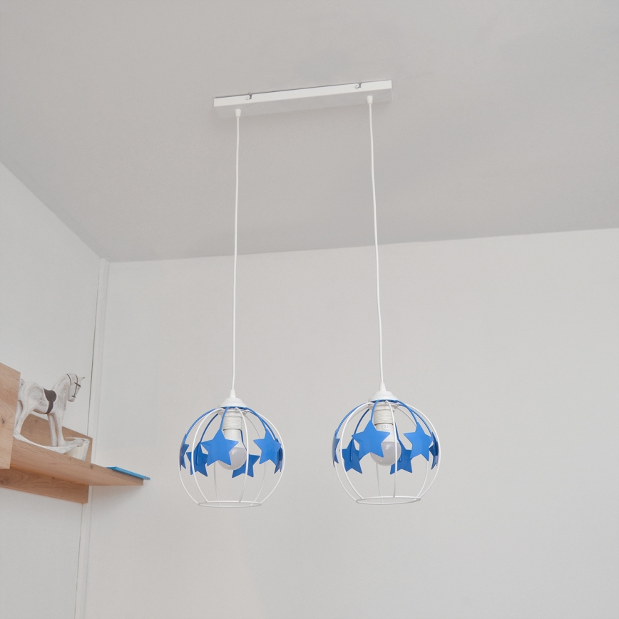Kinder hanglamp aan een koord STARS 2xE27/15W/230V blauw/wit