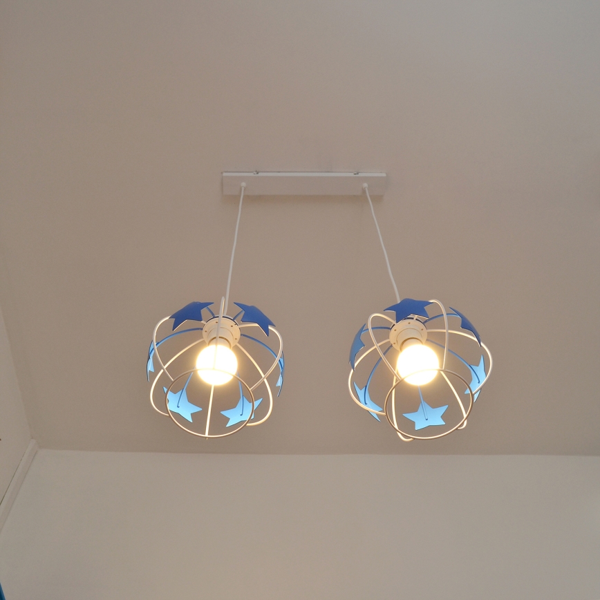 Kinder hanglamp aan een koord STARS 2xE27/15W/230V blauw/wit