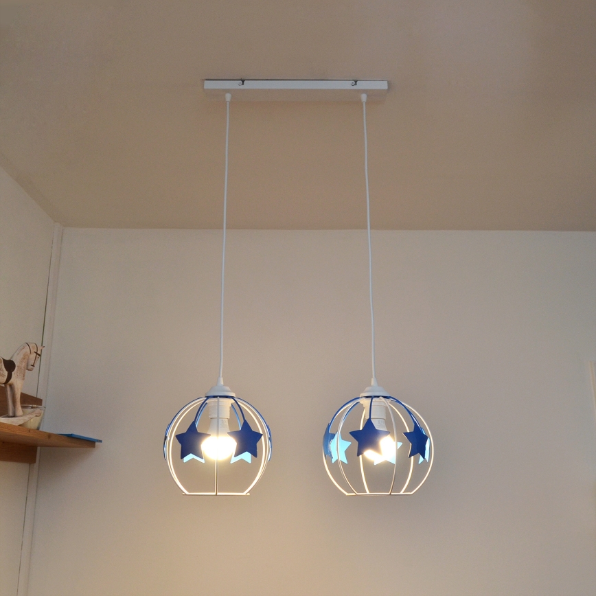 Kinder hanglamp aan een koord STARS 2xE27/15W/230V blauw/wit