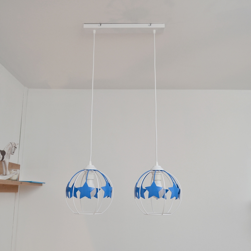 Kinder hanglamp aan een koord STARS 2xE27/15W/230V blauw/wit