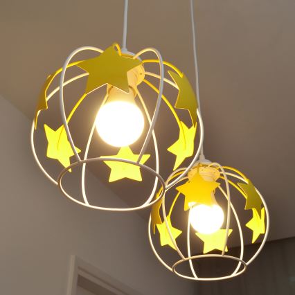 Kinder hanglamp aan een koord STARS 2xE27/15W/230V geel/wit