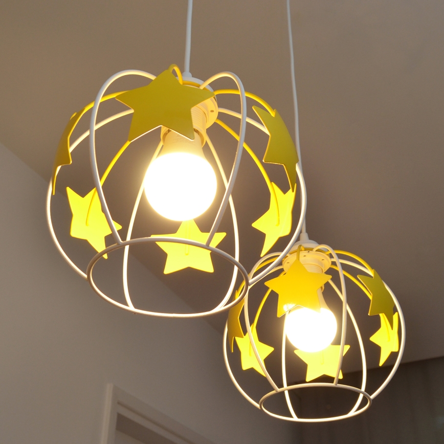 Kinder hanglamp aan een koord STARS 2xE27/15W/230V geel/wit