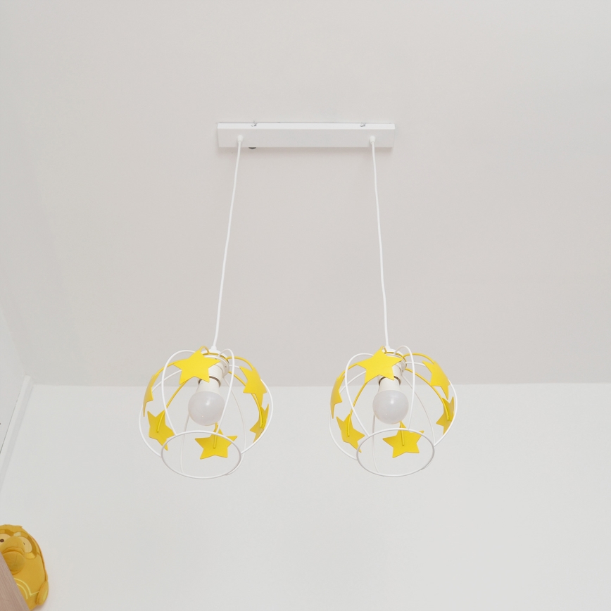 Kinder hanglamp aan een koord STARS 2xE27/15W/230V geel/wit