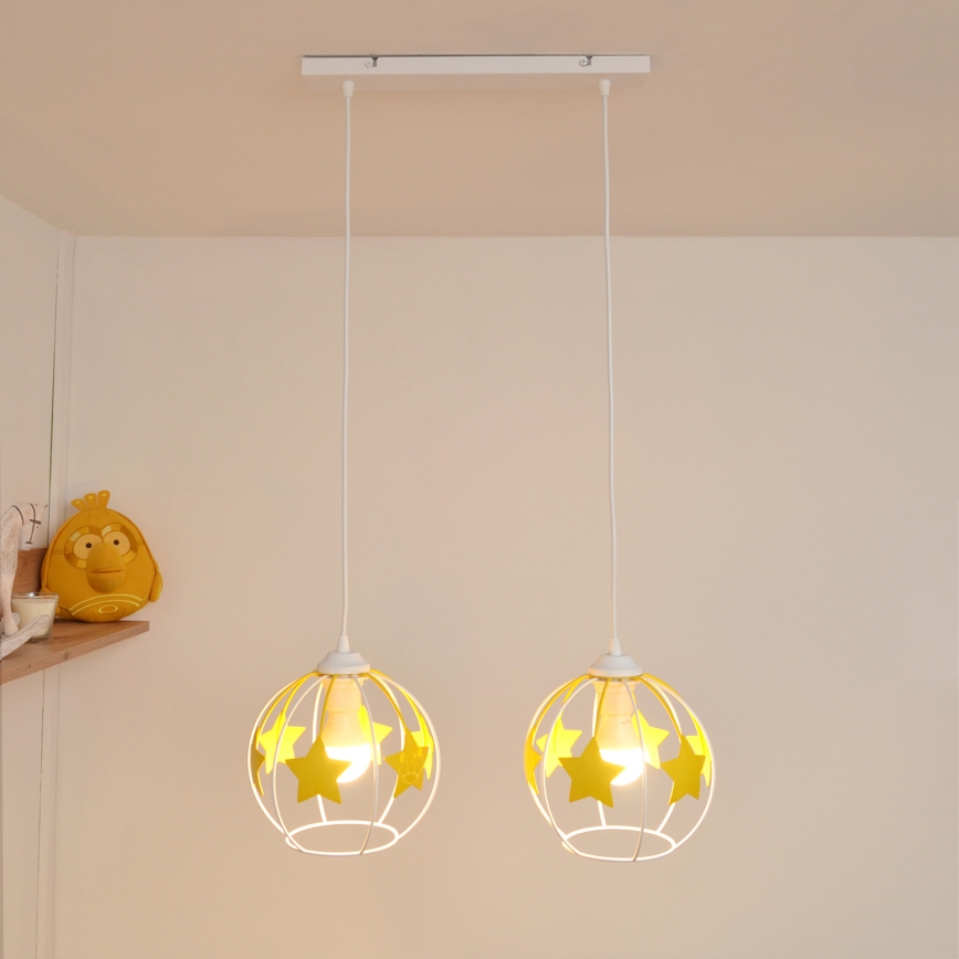 Kinder hanglamp aan een koord STARS 2xE27/15W/230V geel/wit