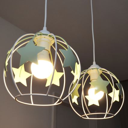 Kinder hanglamp aan een koord STARS 2xE27/15W/230V groen/wit