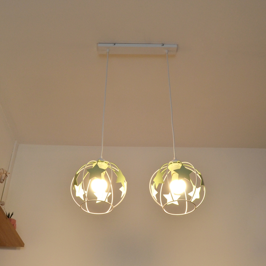 Kinder hanglamp aan een koord STARS 2xE27/15W/230V groen/wit