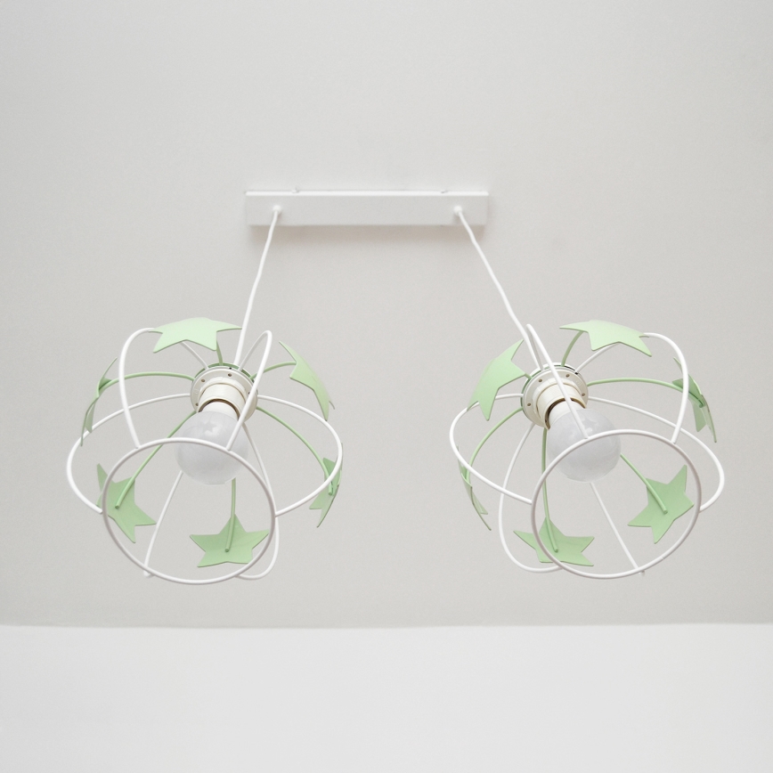 Kinder hanglamp aan een koord STARS 2xE27/15W/230V groen/wit