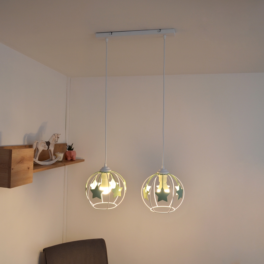 Kinder hanglamp aan een koord STARS 2xE27/15W/230V groen/wit