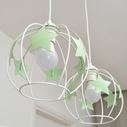 Kinder hanglamp aan een koord STARS 2xE27/15W/230V groen/wit