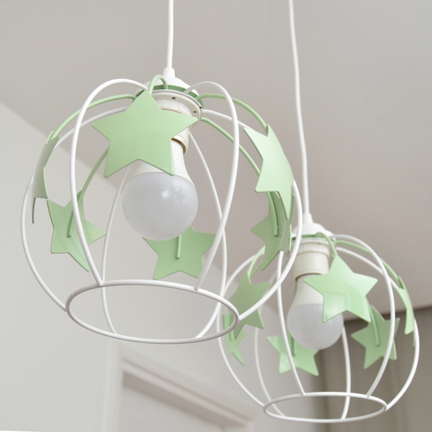 Kinder hanglamp aan een koord STARS 2xE27/15W/230V groen/wit