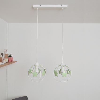 Kinder hanglamp aan een koord STARS 2xE27/15W/230V groen/wit