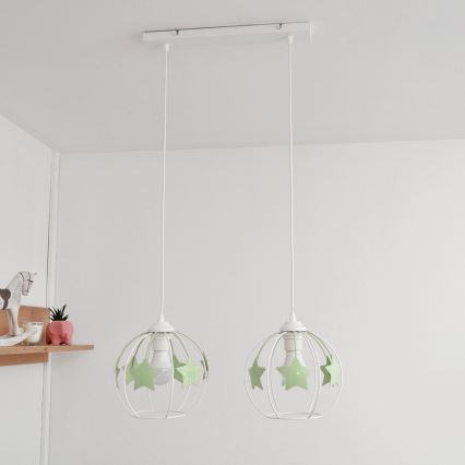 Kinder hanglamp aan een koord STARS 2xE27/15W/230V groen/wit