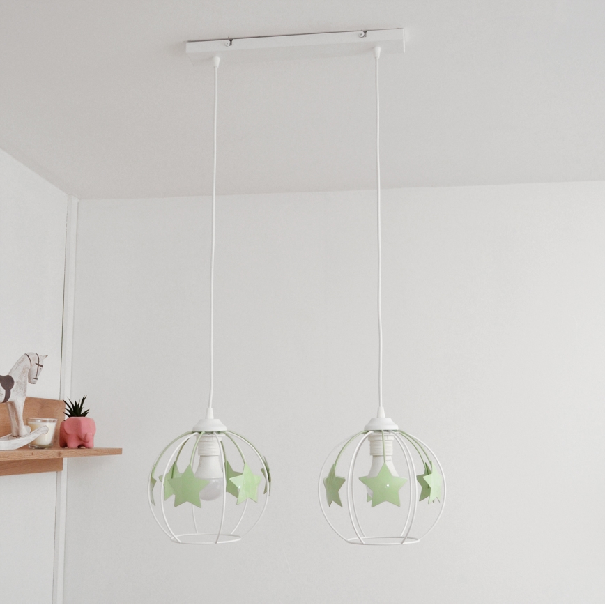Kinder hanglamp aan een koord STARS 2xE27/15W/230V groen/wit
