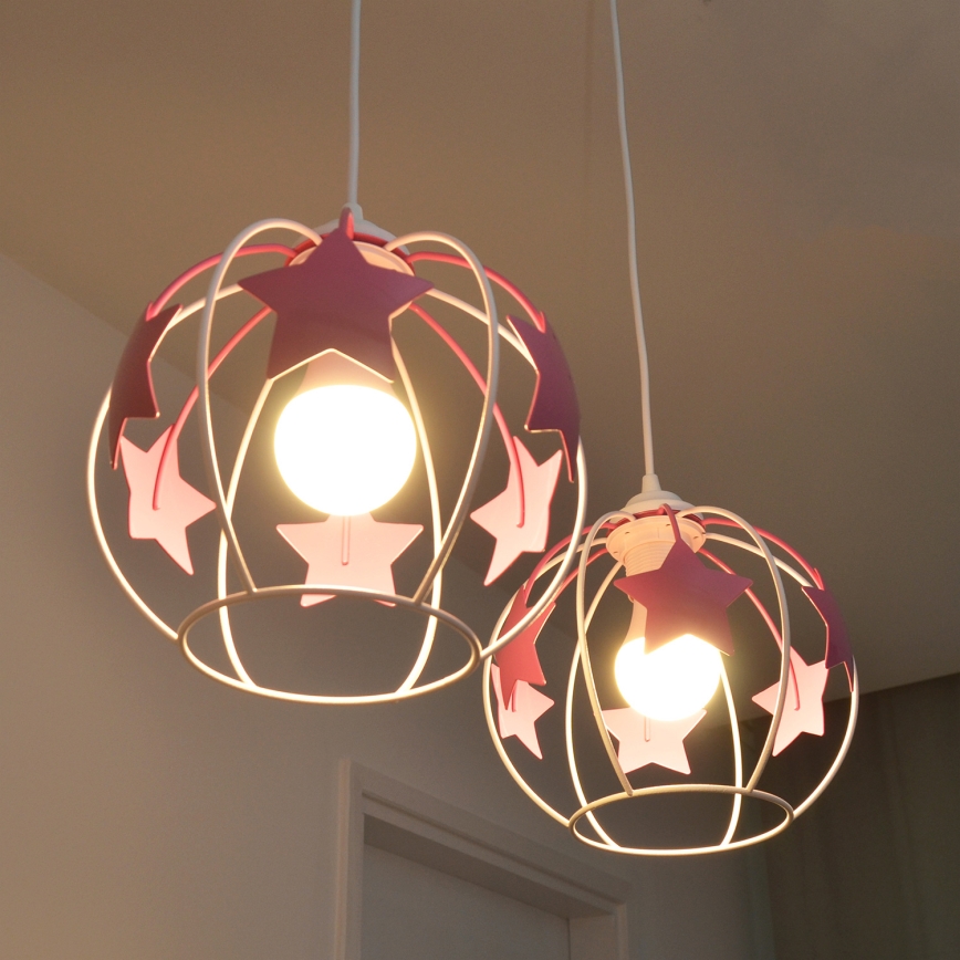 Kinder hanglamp aan een koord STARS 2xE27/15W/230V roze/wit