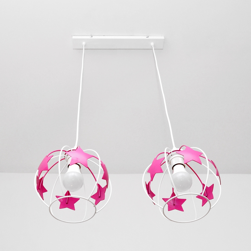 Kinder hanglamp aan een koord STARS 2xE27/15W/230V roze/wit