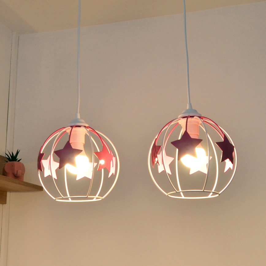 Kinder hanglamp aan een koord STARS 2xE27/15W/230V roze/wit