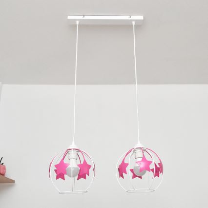 Kinder hanglamp aan een koord STARS 2xE27/15W/230V roze/wit