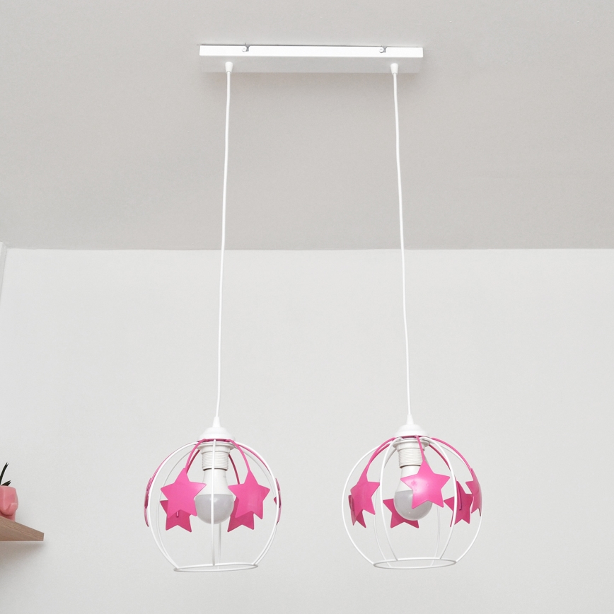 Kinder hanglamp aan een koord STARS 2xE27/15W/230V roze/wit