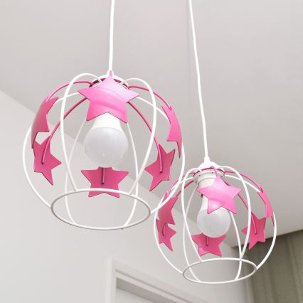 Kinder hanglamp aan een koord STARS 2xE27/15W/230V roze/wit