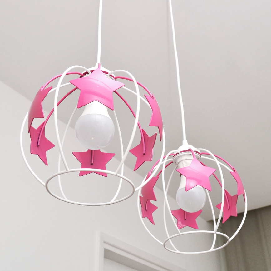Kinder hanglamp aan een koord STARS 2xE27/15W/230V roze/wit