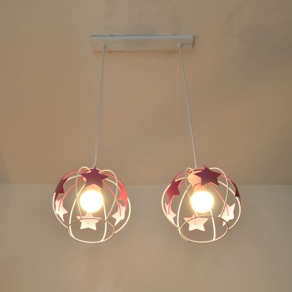 Kinder hanglamp aan een koord STARS 2xE27/15W/230V roze/wit