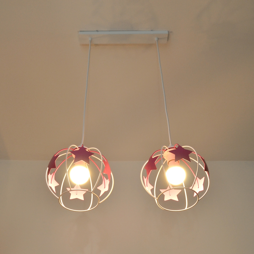 Kinder hanglamp aan een koord STARS 2xE27/15W/230V roze/wit