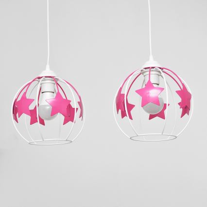 Kinder hanglamp aan een koord STARS 2xE27/15W/230V roze/wit