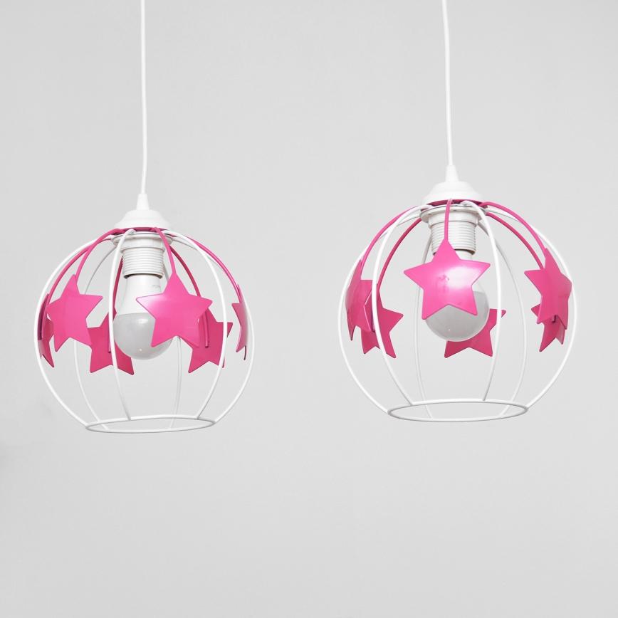 Kinder hanglamp aan een koord STARS 2xE27/15W/230V roze/wit
