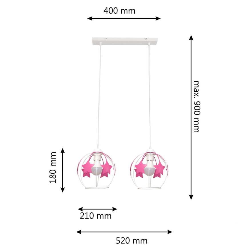 Kinder hanglamp aan een koord STARS 2xE27/15W/230V roze/wit