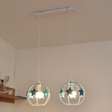 Kinder hanglamp aan een koord STARS 2xE27/15W/230V turquoise/wit