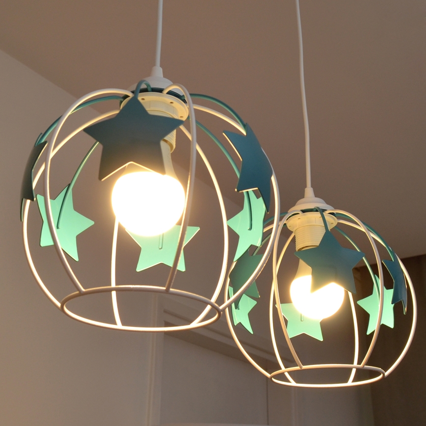 Kinder hanglamp aan een koord STARS 2xE27/15W/230V turquoise/wit