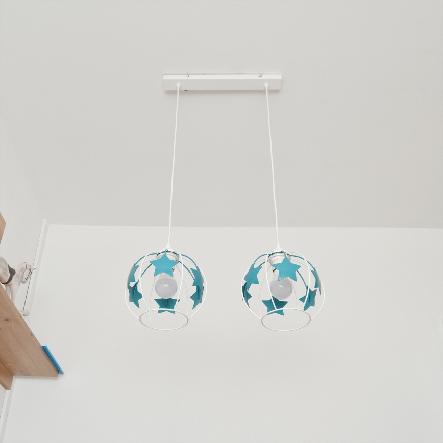 Kinder hanglamp aan een koord STARS 2xE27/15W/230V turquoise/wit