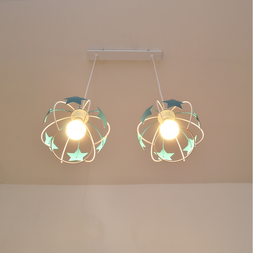 Kinder hanglamp aan een koord STARS 2xE27/15W/230V turquoise/wit