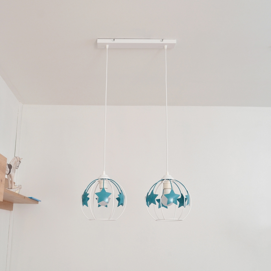 Kinder hanglamp aan een koord STARS 2xE27/15W/230V turquoise/wit