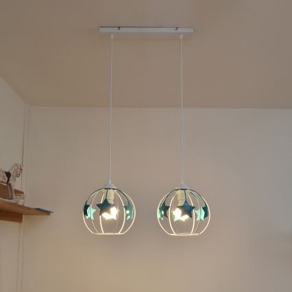 Kinder hanglamp aan een koord STARS 2xE27/15W/230V turquoise/wit