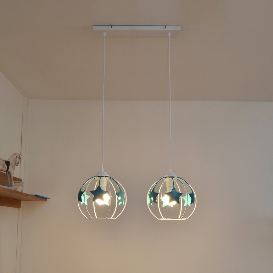 Kinder hanglamp aan een koord STARS 2xE27/15W/230V turquoise/wit