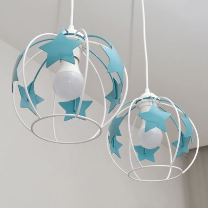 Kinder hanglamp aan een koord STARS 2xE27/15W/230V turquoise/wit