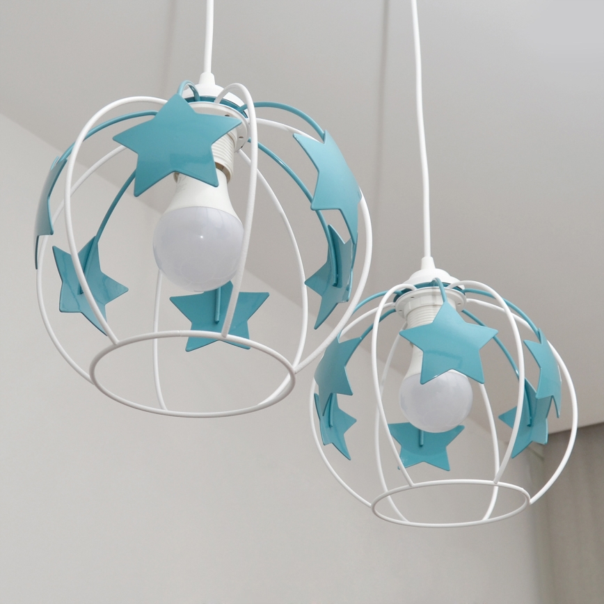 Kinder hanglamp aan een koord STARS 2xE27/15W/230V turquoise/wit
