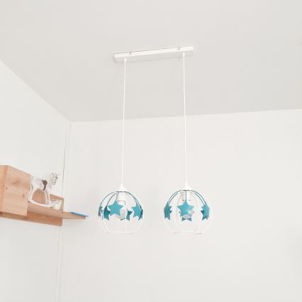 Kinder hanglamp aan een koord STARS 2xE27/15W/230V turquoise/wit
